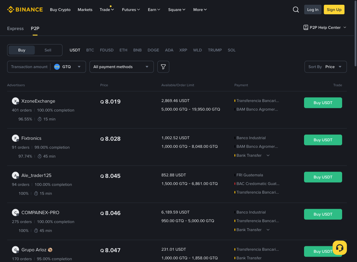 Interfaz de Binance P2P